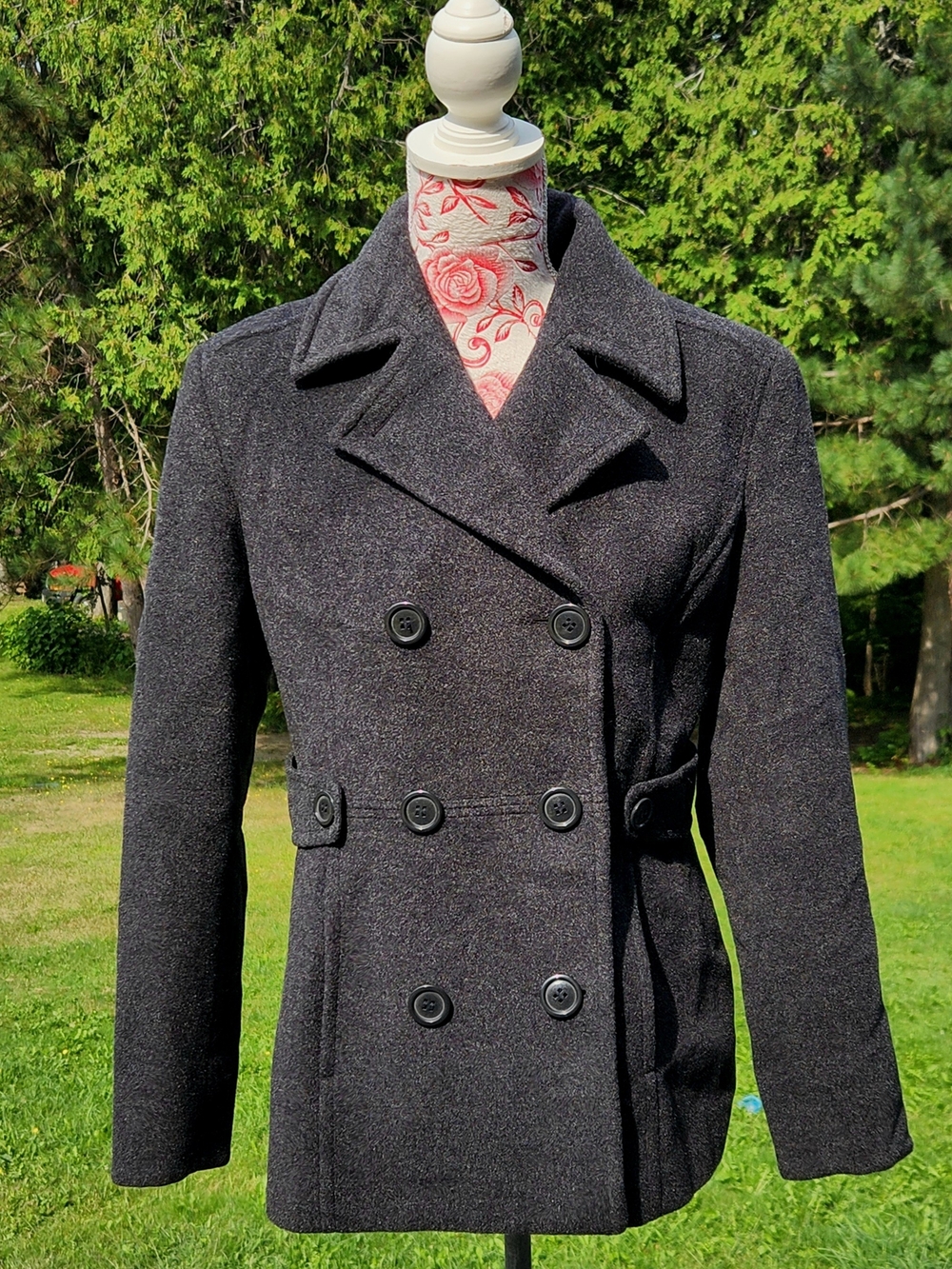 St. John's Bay Women's Double-Breasted Pea Coat in Charcoal Gray
